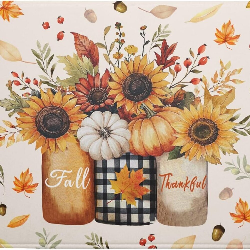 Autumn Sunflowers Vase Dish Drying Mat for Kitchen Counter,Fall Pumpkin Maple Le